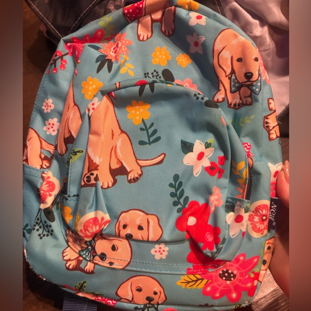 Kids Blue Puppy Print Backpack - Cute Dog & Floral Design